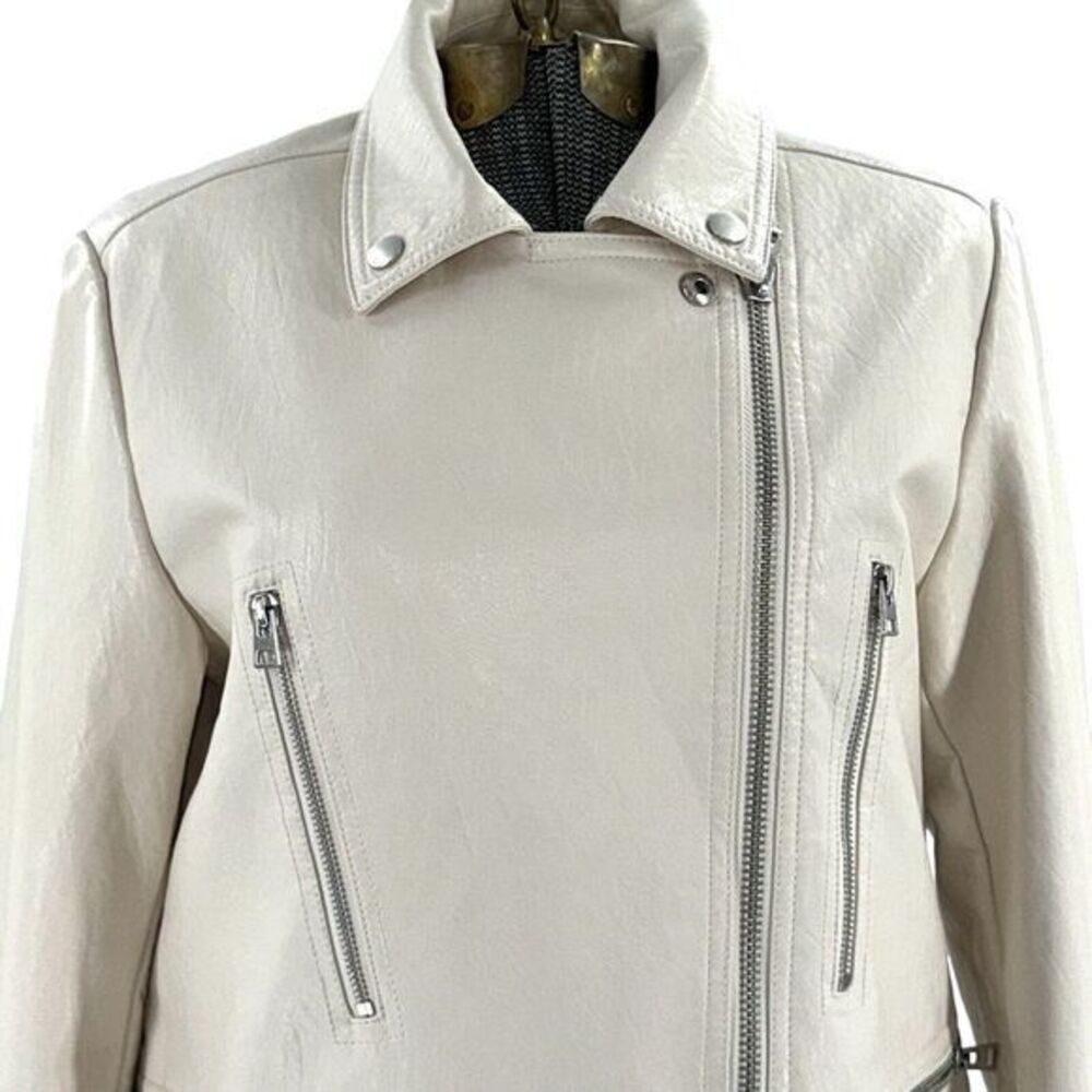 Topshop Womens Jacket Size 8 Ivory Long Sleeve Faux Zip Vegan Leather Moto Biker